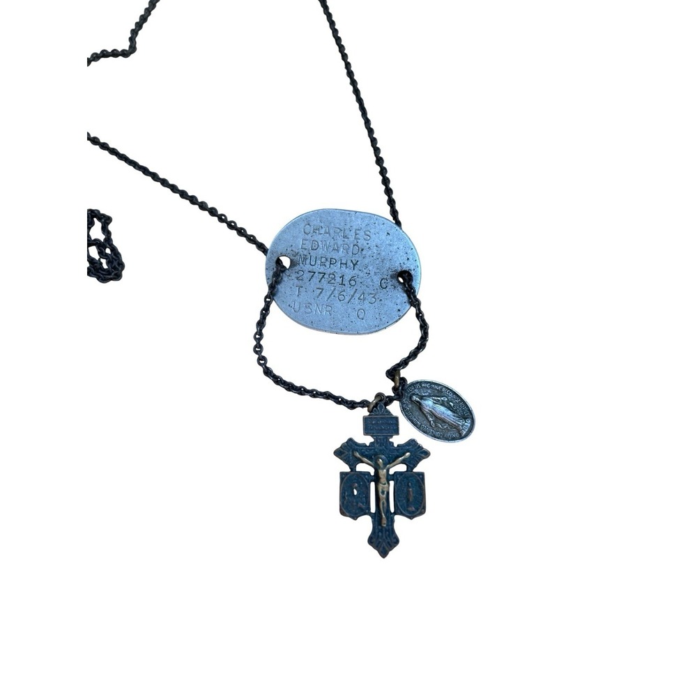 1943 WWII US Navy ID Tag Necklace Charles E Murphy USNR Catholic Medals